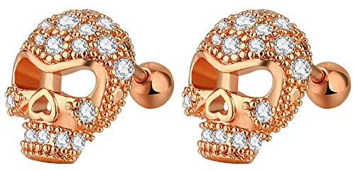 Aroncent Totenkopf Ohrringe Ohrstecker Zirkonia: 1 Paar Vintage Edelstahl Ohrhänger Punk Zirkonia Piercing Ohr Schädel Ohrringe Gotik für Damen Herren Rosegold