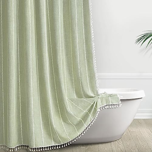 Awellife Salbeigrün Moderner Bauernhaus-Duschvorhang mit Quasten, Landhaus-Badezimmer-Dekor, gestreift, minimalistisch, Boho-Chic-Textur, Leinen, böhmisch, Duschvorhang-Set mit Haken, 60x72 cm