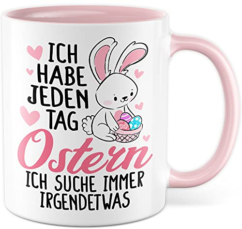 Tasse Ostern Geschenk, Ich habe immer Ostern - ich suche immer irgendwas Geschenkidee Kaffeetasse mit Spruch lustig Kaffee-Becher Ostergeschenk Ostersonntag lustige Tasse vergesslich (Weiß & Pink)