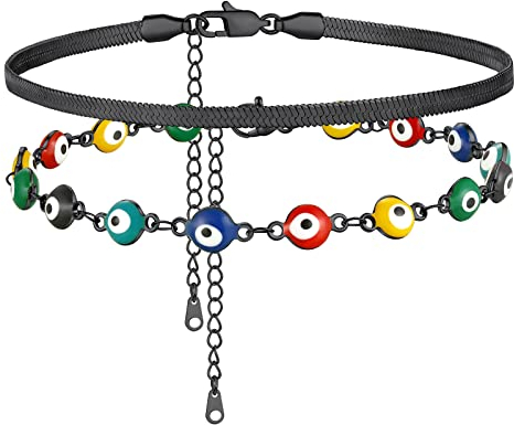 Supcare Klingenkette Mehrfarbige Evil Eye Fußketten Damen Flache Schlangenkette Fußkettchen Schwarz Charm Bösen Blick Nazar Boncuk Doppelt Fußband Sommer Mode Amulett Schutz Glücksschmuck
