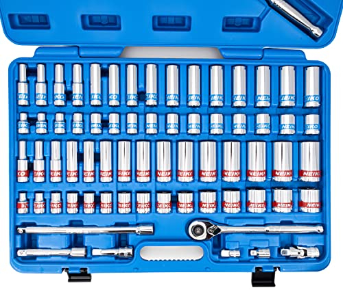 Neiko 02479A 1/2 Inch-Drive Colored Mechanics Tool Ratchet, Socket Set, 68 Piece Standard and Deep SAE Sizes 3/8 to 1-1/4 Metric Sizes 10 mm to 24 mm Made with CRV Steel for Auto Repair