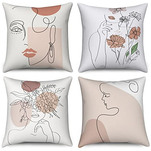 Hnmdmyi Funda de cojín Boho 45x45 Juego de 4, Minimalista Abstracto Mujer Cara Cuerpo Línea Floral Planta Fundas de Cojín Decorativas Arte Moderno Estética Funda de Cojín de Lino para Sofá Home Decor