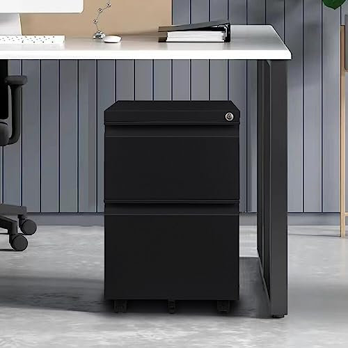 Panana Fully Assembled!Home Filing Furniture Under Desk 2Drawers Steel Lockable Mobile File Cabinet Bedside Table, Office Metal Storage Chest of Drawers(W39*D46*H71.5cm,Black)