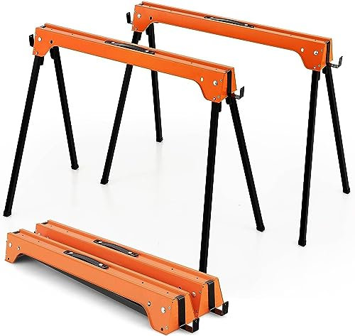 COSTWAY Folding Saw Horse Twin Pack, Heavy Duty Work Bench with Footpads and Convenient Handle, Fully Assembled Metal Trestle Stands Sawhorse for Sawing Work, Max Load 454kg (Orange)