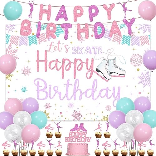 Wonmelody Ice Skating Birthday Party Supplies: Pink & Purple Roller Skate Decors with Backdrop, Banner, Cupcake Toppers & Balloons for Girls' 1st & 10th Birthdays