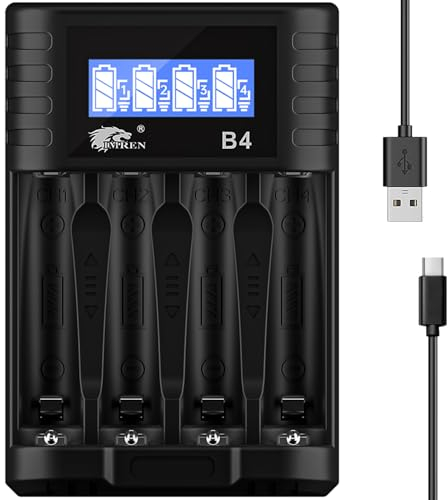 IMREN AA AAA Chargeur de Piles, 4 Slots pour 1.5V Li-ION 1.2V NiMH/NiCD AA AAA Piles Rechargeables, 5V/2A Charge Rapide avec LCD Display (USB-C Port)