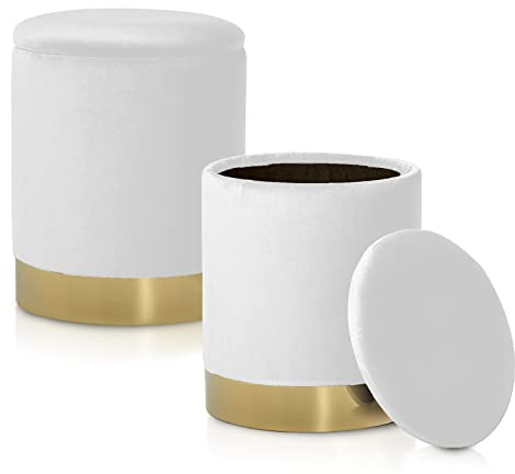 ELYFLAIR® runder Samthocker mit Stauraum und Sitzpolster-Deckel I Sitzhocker Fußhocker Sitztruhe Hocker Stuhl-Interieur Schminktisch Accessoire Deko-für Erwachsene und Kinder-Ø 31 H 38 cm (Weiß)