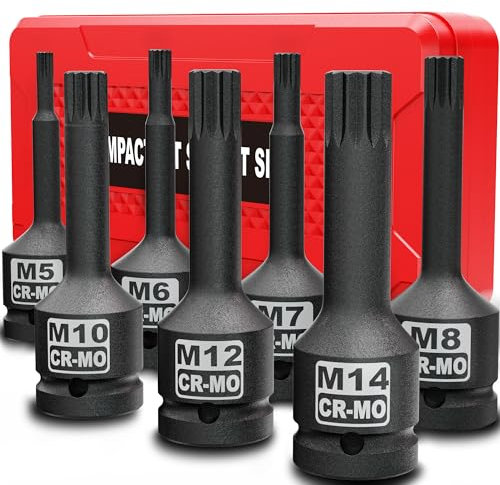 KIRXST 3/8 Inch Impact XZN Bit Socket Set, M5 - M18, 7 Piece 3/8 Drive Impact Triple Square Spline Bit Socket Set