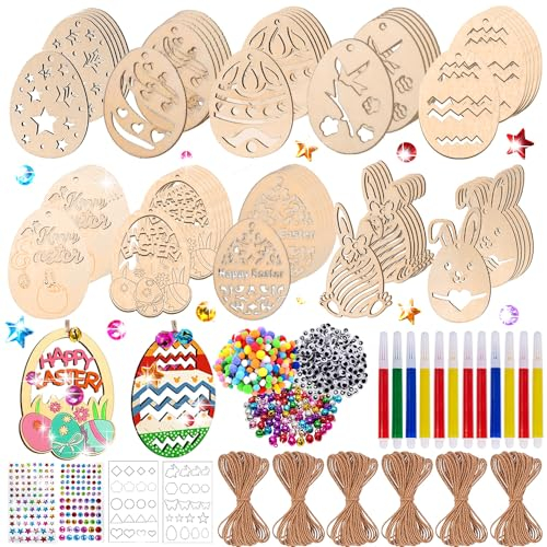 MEISHANG Ostereier zum Aufhängen - 286 Stück Holz Deko Anhänger zum Bemalen - DIY Osterdeko für Kinder