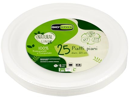 GIO'STYLE Platos llanos de 22,5 cm de diámetro, 25 unidades, pulpa de celulosa, biodegradables y compostables