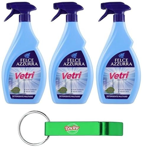3x FELCE AZZURRA Vetri Multiuso,Detergente Vetri,Detersivo Spray Multiuso, 750ml + Portachiavi Beni Culinari in Omaggio