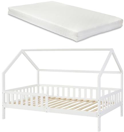 [en.casa] Kinderbett Ydre Hausbett mit Matratze Weiß 120 x 200 cm Holzbett mit Rausfallschutz und Lattenrost 2 Montagearten Bodenbett Hochbett mit Stauraum Jugendbett