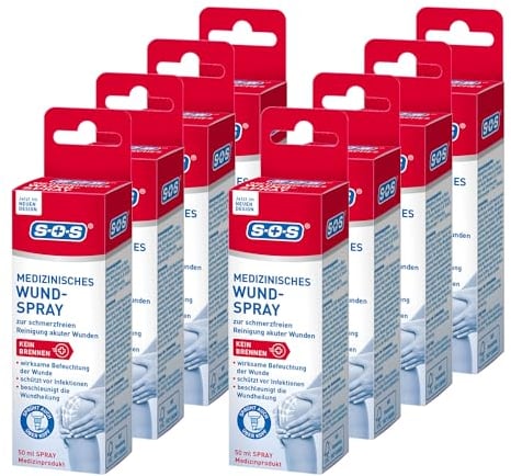 SOS Medizinisches Wund-Spray (8 x 50 ml) - zur schonenden Wundreinigung bei akuten Verletzungen - beschleunigt die Wundheilung und reduziert die Schwellung - zur schnellen Wundversorgung