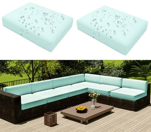 Hiseng Outdoor Sofa Sitzkissenbezug 2er Set Wasserdicht mit Reißverschluss, Terrassenstuhl Sofakissen Bezug Abnehmbar, Wetterfest Sofabezug für Garten Möbel aus Rattan (60x60x10cm,Hellblau)