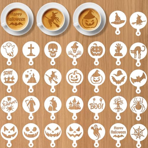 Qpout 30 Stück Halloween Cookie Kaffee Schablone Backvorlagen, wiederverwendbare waschbare Kuchen Süßigkeiten Zeichnungsvorlagen, Spinne Dessert Dekoration Zeichnung Form Spray Werkzeuge