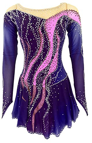 YDHTIZ Langärmliges Eislauf Performance Kostüm Für Mädchen Strass Professionelles Eiskunstlauf Wettkampf Kleid Handgemachter Gymnastikanzug Rollschuh Kleidung