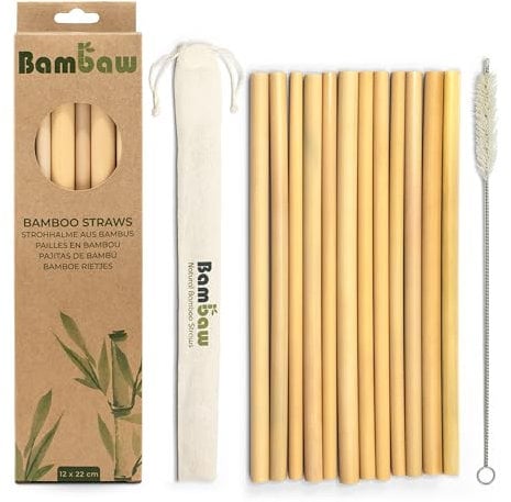 Bambaw Pajitas Reutilizables, Pajitas de Bambú, Fabricadas en Bali, Biodegradables, Pajitas Cócteles, Incluye Cepillo de Limpieza y una mica Bolsa de Almacenaje, Pack 12-22 cm