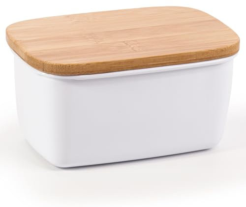 EHC Large Butter Dish With Airtight Bamboo Lid, Butter Keeper, White, 500ml, 15x10x8cm