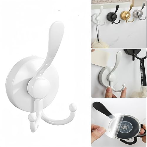 Boxonly No-Drill Suction Cup Duck Tongue Twin Hooks,2024 Upgraded Stainless Steel Waterproof Hooks for Bathroom,Shower,Kitchen,and Mirrors–Heavy Duty Towel Holders (White)
