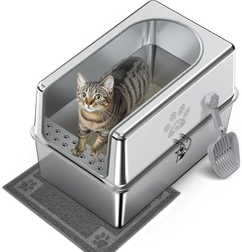 PTLOM stainless steel cat litter box with lid, XL removable stainless steel litter tray, 40 cm high rim side walls for cats, robust, easy to clean, odor-free, with litter scoop and cat litter mat
