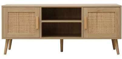 FurnitureHMD TV Stand Cabinet With Open Storage Shelves and Ratten Doors,Wooden TV Cabinet,Console Table,Entertainment Center for Living Room