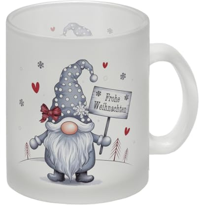 Winter-Wichtel Frohe Weihnachten Glas Tasse mit Winter-Wichtel in festlicher Stimmung grauer Hut und rote Schleife für gemütliche Wintertage