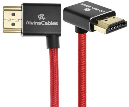 Alvin's Cables Câble HDMI 2.1 8K 8K@60Hz 4K@120Hz Câble spirale tressé haute vitesse pour Atomos Ninja, Feelworld, Sony FS5 FS7 FX9,BMPCC,Canon C300 C500,Angle de gauche à haut Rouge