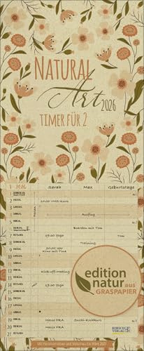 Natural Art - Timer für 2 - Familienplaner 2026 für 2 Personen - Korsch-Verlag - Planer aus Graspapier mit 3 Spalten zum Eintragen - edition Natur - 19 cm x 46 cm