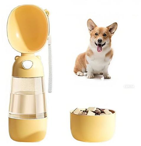 YUSHIYAN 2 in 1 Dog Water Bottle and Food Container, Leak Proof Portable Dog Travel Bottle for Walking, BPA Free Pet Water Dispenser with Drinking Bowl, Lightweight for Hiking, Camping(Yellow)