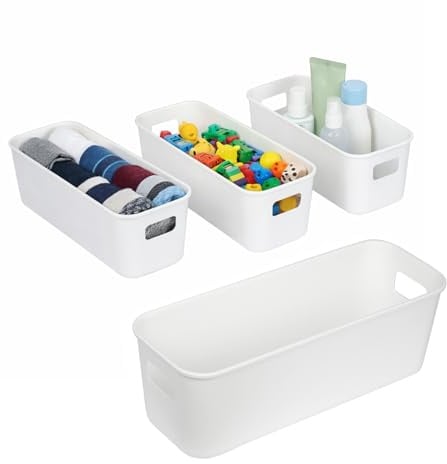 Otcboimo 4 Pack Narrow Storage Bins, 10cm Wide Slim Plastic Storage Baskets | for Shelves, Kitchen Cupboard & Bathroom Cabinet Organiser, Rectangular Drawer Storage Boxes, White