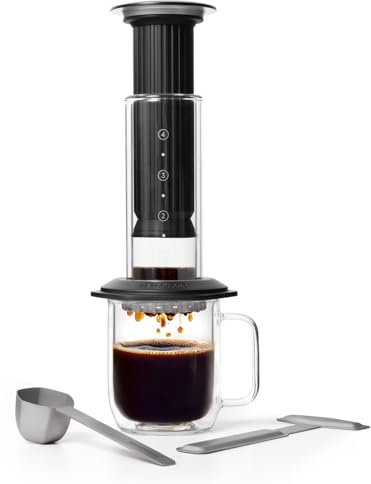 AeroPress Premium koffiepers – glas, roestvrij staal & aluminium alles-in-één French Press, handmatige filter- & espressomaker. Zet in 2 min een minder bittere, smaakvollere kop koffie, Zwart