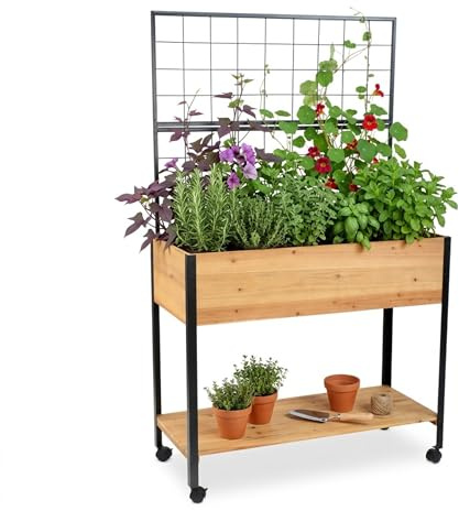 Relaxdays Hochbeet mit Rankgitter, Ablagefach, Rollen, HxBxT 165x102x47,5 cm, Holz, Stahl, Tischbeet, Natur/schwarz