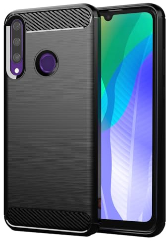 Techsuit für Huawei Y6p Hülle mit Soft Touch, Stoßfest, Kameraschutz, Erhöhte Kanten, Luftkissen Ecken, Anti Fingerabdruck, Flexibel, Carbon Silicone Series, Schwarz