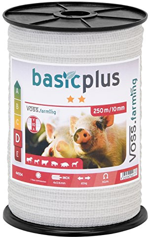 VOSS.farming Nastro per Recinzione elettrica, Lunghezza 250 m e Larghezza ca.10 mm, con Fili in Acciaio Inox 4 x 0,16, Colore Bianco
