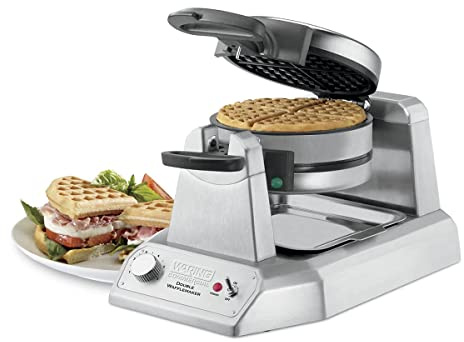 Waring Commercial WWD200 Classic Double Waffle Maker, Coated Non Stick Cooking Plates, Produces 60 waffles per hour, 120V, 1400W, 5-15 Phase Plug, Silver