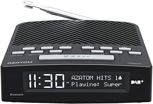 AZATOM Horizon DAB Digital Bedside FM Radio Alarm Clock - Bluetooth - Battery/Mains Powered - Black (Renewed)