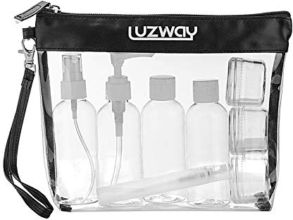 Trousse de Toilette Transparente + 8 Bouteilles Vide de Voyage Liquides pour l’Avion (Max.100ml),LUZWAY, Sac Cosmétiques pour Hommes et Femmes Noir