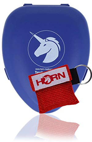 Horn Medical Notfall-Beatmungsmaske mit Ersatzfilter & blauer Box, Horn-Pocketmaske, latexfrei, wiederverwendbar & Beatmungstuch im Schlüsselanhänger