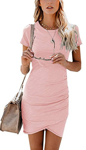 Walant Femmes Chic Vintage Élastique Crayon Robe de soirée à Manches Longues Col Rond Irrégulière Ourlet Robes élégantes d'affaires Retro Mariage Festive, Rose, M