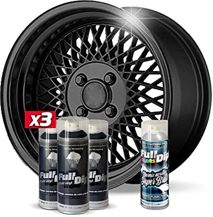 AutoFullCar – Pack Llantas Vinilo Líquido Full Dip Negro Metalizado + Barniz Brillo, 4 Sprays × 400 ml + Adaptador de Regalo | Pelable y Resistente al Agua | Aplicación Fácil y Segura