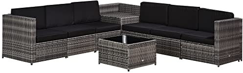 Outsunny 8 Pieces Outdoor PE Rattan Sofa Set with Cushions, Patio Garden Furniture Sets with Glass Top Coffee Table, Storage Corner Table, Grey
