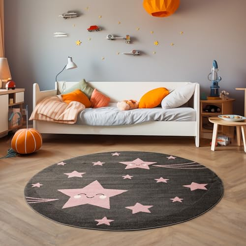 SIMPEX Teppich Rund Kinderzimmer süßes Stern-Design Kurzflor Kinderteppich mädchen Spielteppich Modern Design Babyzimmer Teppiche für Junge und Mädchen Extra Weich und Antiallergen 120 cm Rund