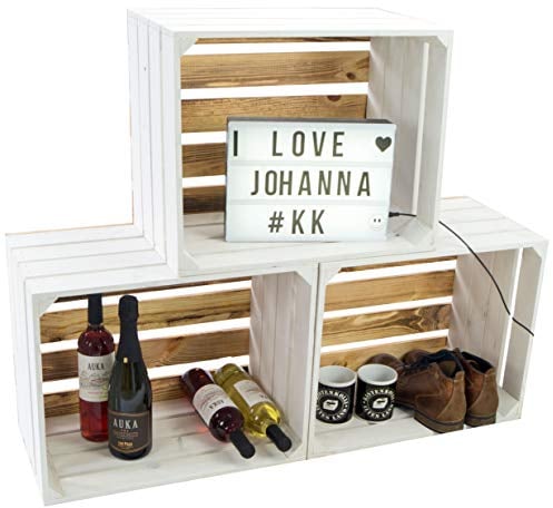 3er Set Holzkisten Paula weiss mit geflammten Boden 50x40x30cm Johanna Aufbewahrungsbox Aufbewahrungskiste Regalkiste Apfelkisten Weinkisten Schuhregal Bücherregal Kleiderschrank (3er set Paula ohne)
