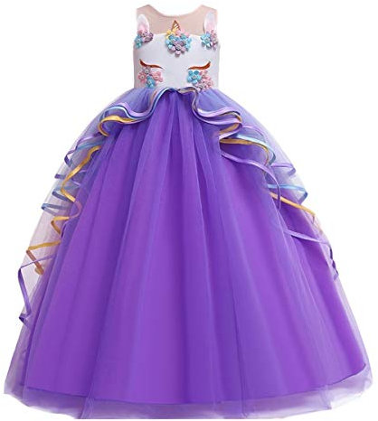 MYRISAM Princesse Fille Licorne Déguisement Robe de Anniversaire Cérémonie Soirée Halloween Carnaval Noël Fête Spectacle Mariage Longue en Tulle Robes Bal Violet 10-11