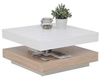 Hela Tische, Andy Table Basse Pour Séjour, Carrée, Matériau Dérivé Du Bois, Plateau De Table Pivotant À 360°, Blanc/chêne Sonoma, 67 x 67 x 35 cm