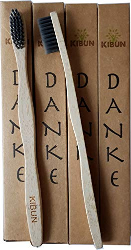 4er Pack Bambus Zahnbürste mit reinem Bambus-Holz vegan biologisch abbaubar 100% frei von BPA Borsten mit Bambus-Holzkohle für beste Pflege