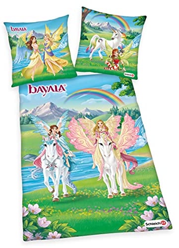 Herding SCHLEICH Bettwäsche-Set, Bayala Einhorn-Wendemotiv, Bettbezug 135 x 200 cm, Kopfkissenbezug 80 x 80cm, Baumwolle/Renforcé Bettwäsche zum Film Feen Sera Jaro NEU Wow
