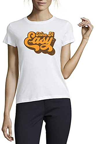 Take It Easy Retro Styled Graphic Damen T-Shirt mit Rundhalsausschnitt Weiß Small