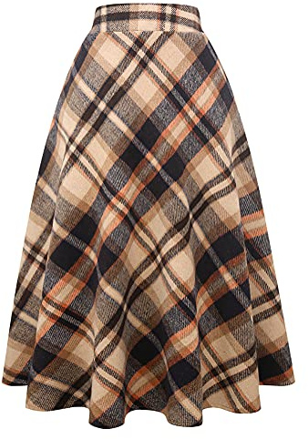 Jupe longue en laine à carreaux pour femme - Chaude - Taille haute élastique - Ligne A - Jupe tartan plissée en laine plissée