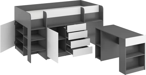 FurnitureByJDM Lit Mi-Hauteur Enfant 90x200cm - Lit Mezzanine avec Bureau